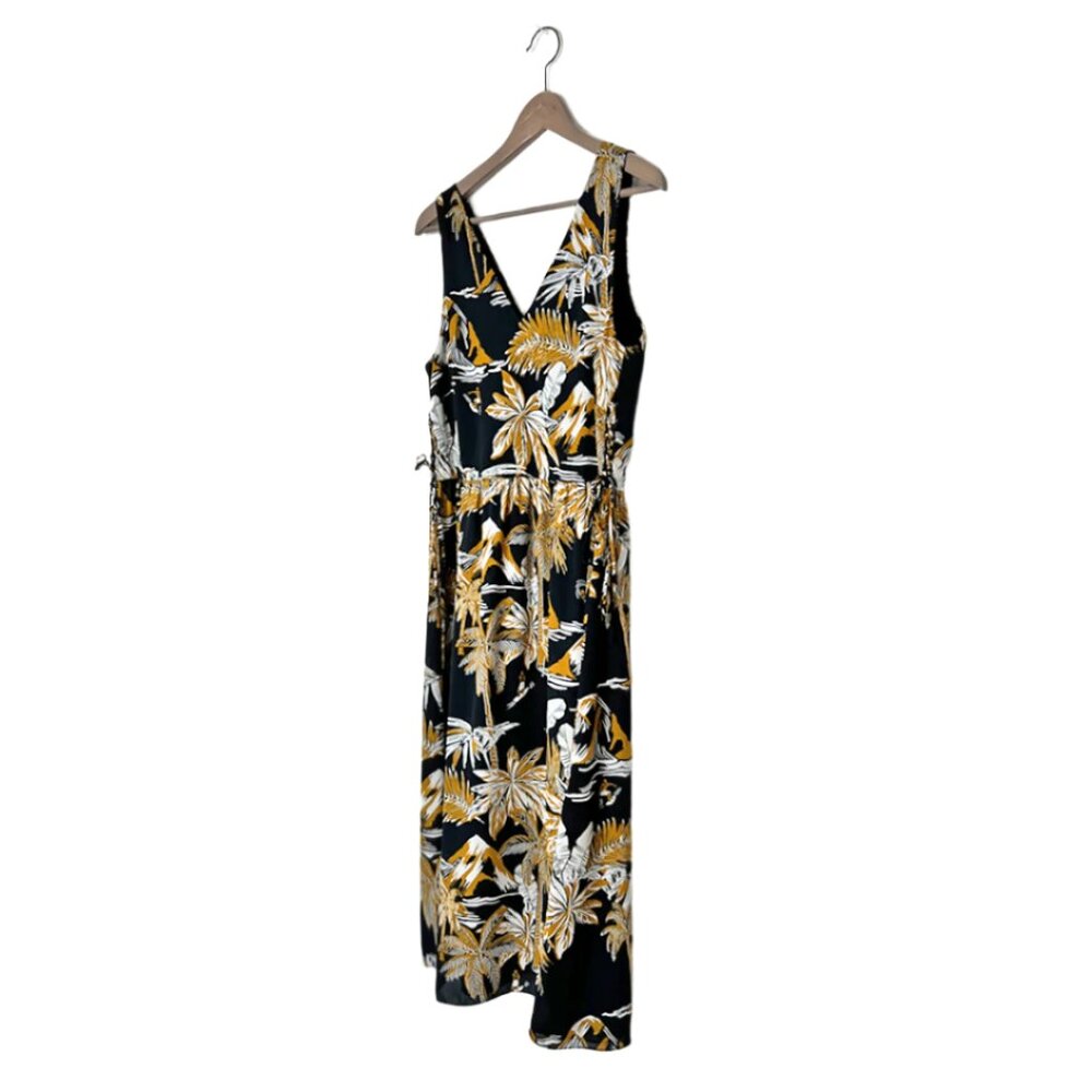 H&M Black & Gold Tropical Print Summery Midi Dress, Size 6